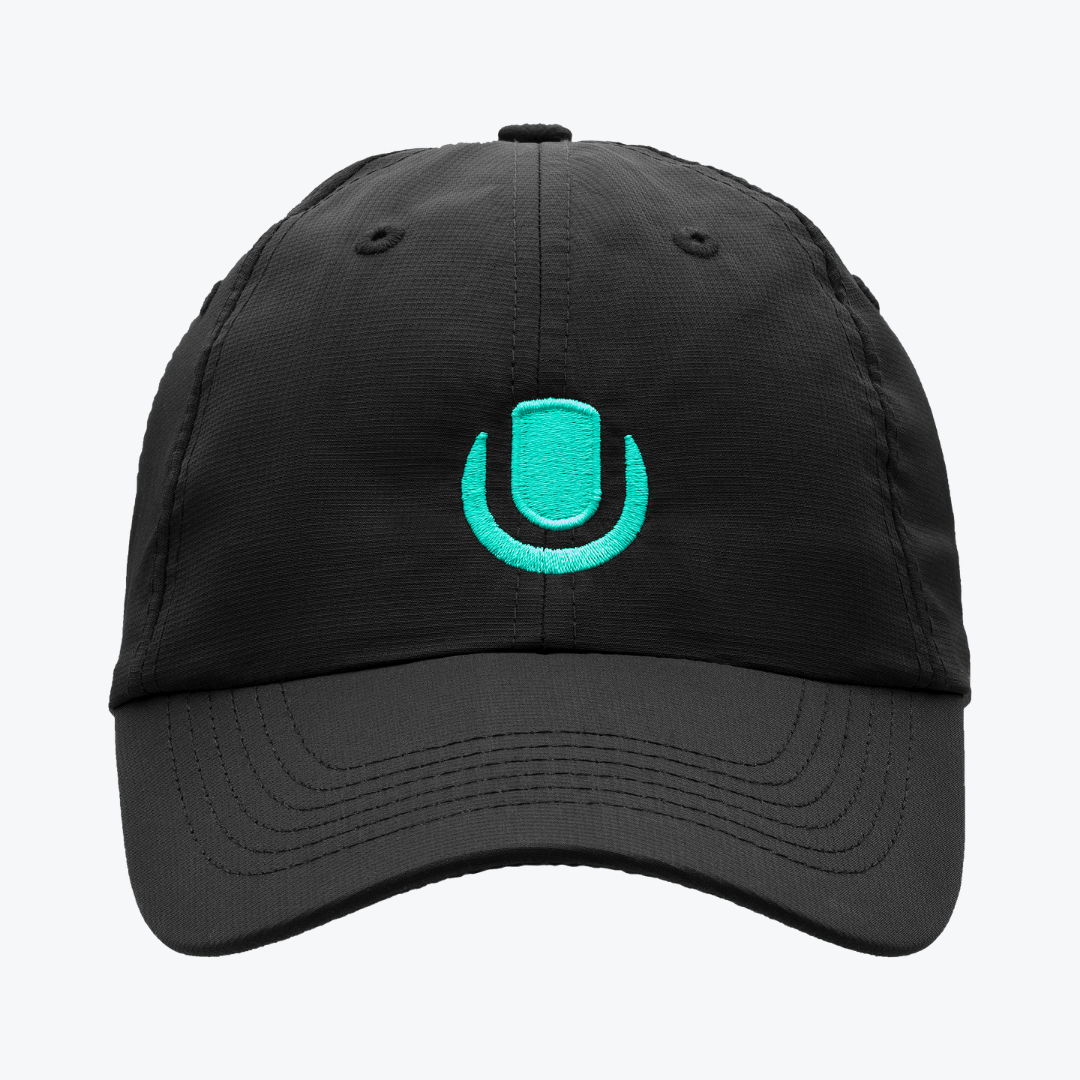 A black adjustable cap with a teal embroidered logo on the front and a UTR Sports logo on the back.