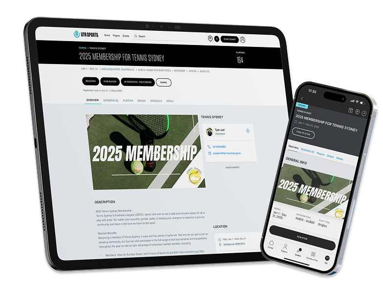 Tablet and mobile displaying a 2025 Membership for Tennis Sydney on UTR Sports App.