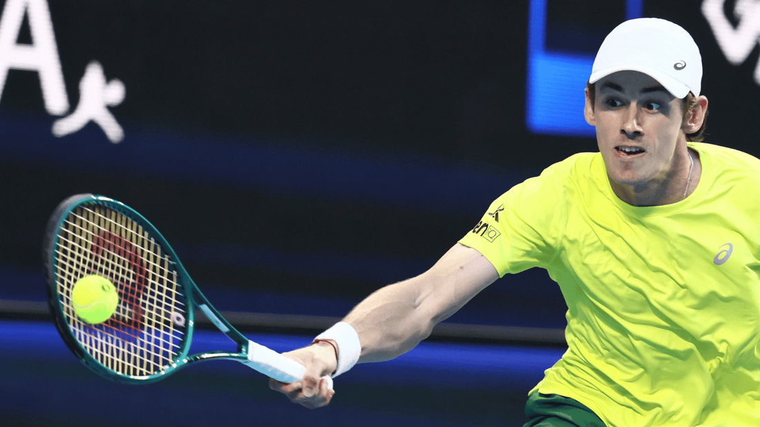 Alex De Minaur hits a forehand at the United Cup.