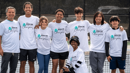 Young players pose in UTR Sports Junior Team Tennis t-shirts.