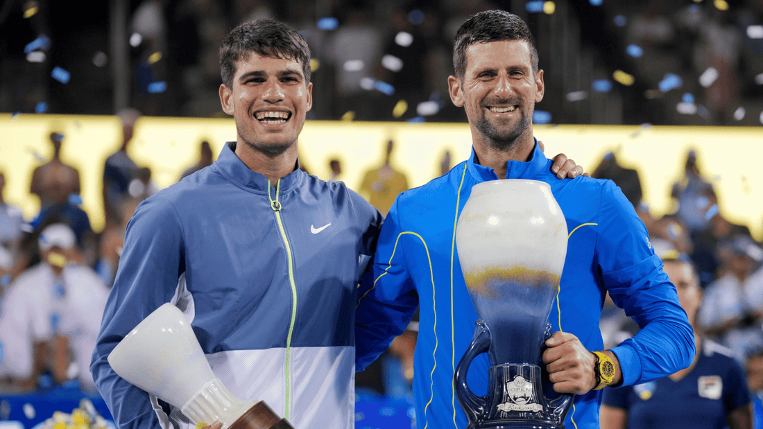Carlos Alcaraz and Novak Djokovic smile together after the 2023 Cincy tennis final
