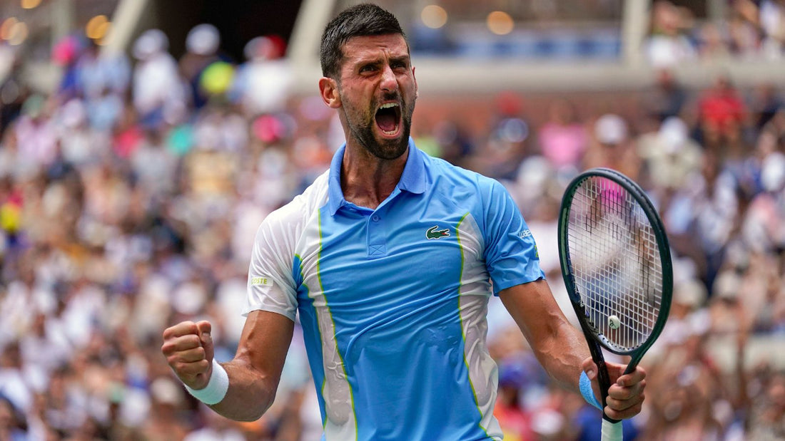 Photo of Novak Djokovic celebrating a big point at the 2023 US Open tennis championships in New York.