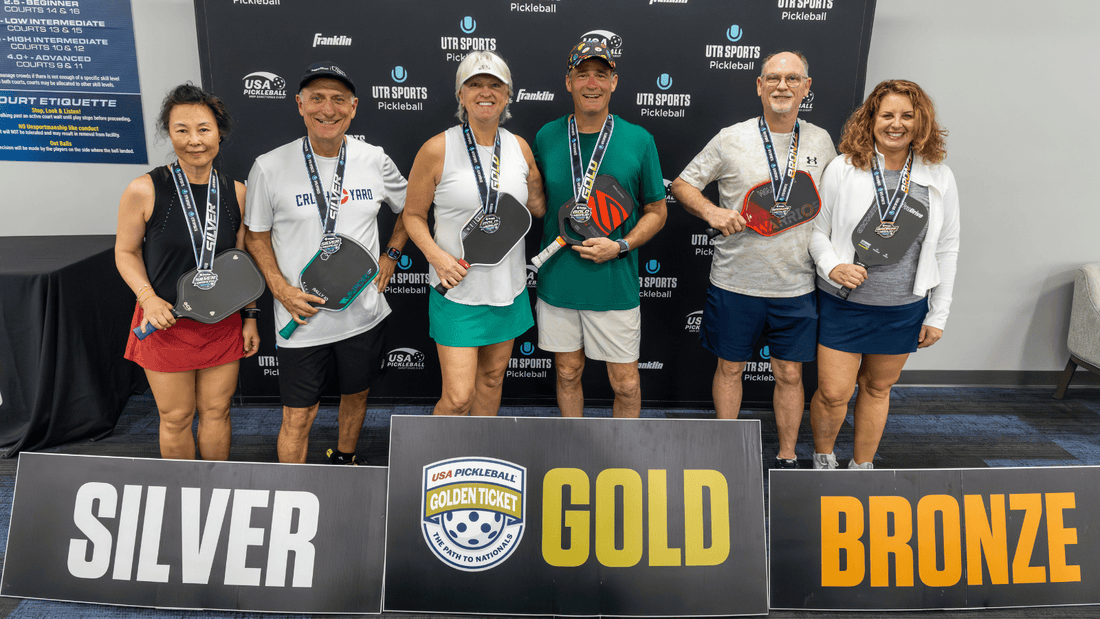 Pickleball players show off their medals at a UTR Sports pickleball tournament.