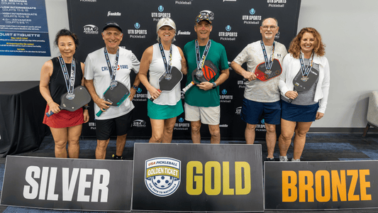 Pickleball players show off their medals at a UTR Sports pickleball tournament.