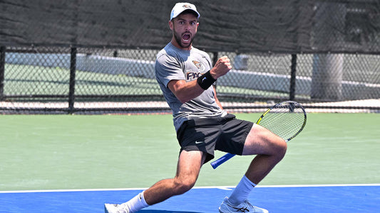 Pacific men's tennis player celebrates winning big point during 2024 UTR Sports NIT Championship in Florida