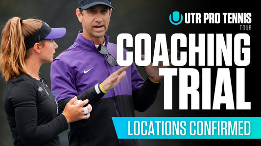 PTT Coaching Trial Locations Confirmed graphic as men's tennis coach consults a women's tennis player