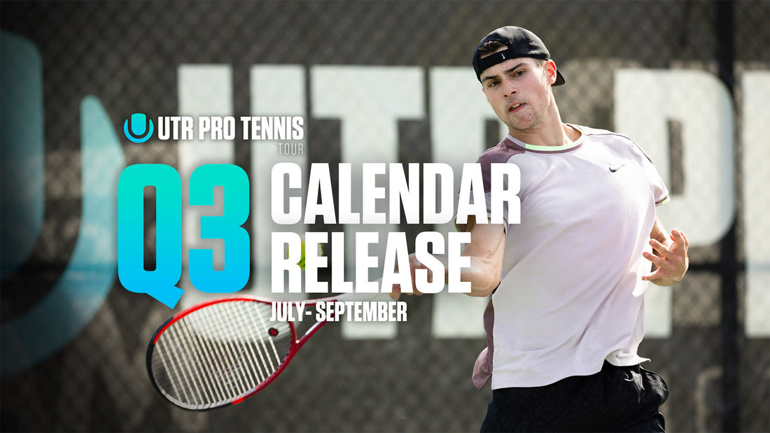 UTR Sports PTT Q3 Calendar Release as player hits a forehand while playing tennis and improving UTR Rating with UTR PTT