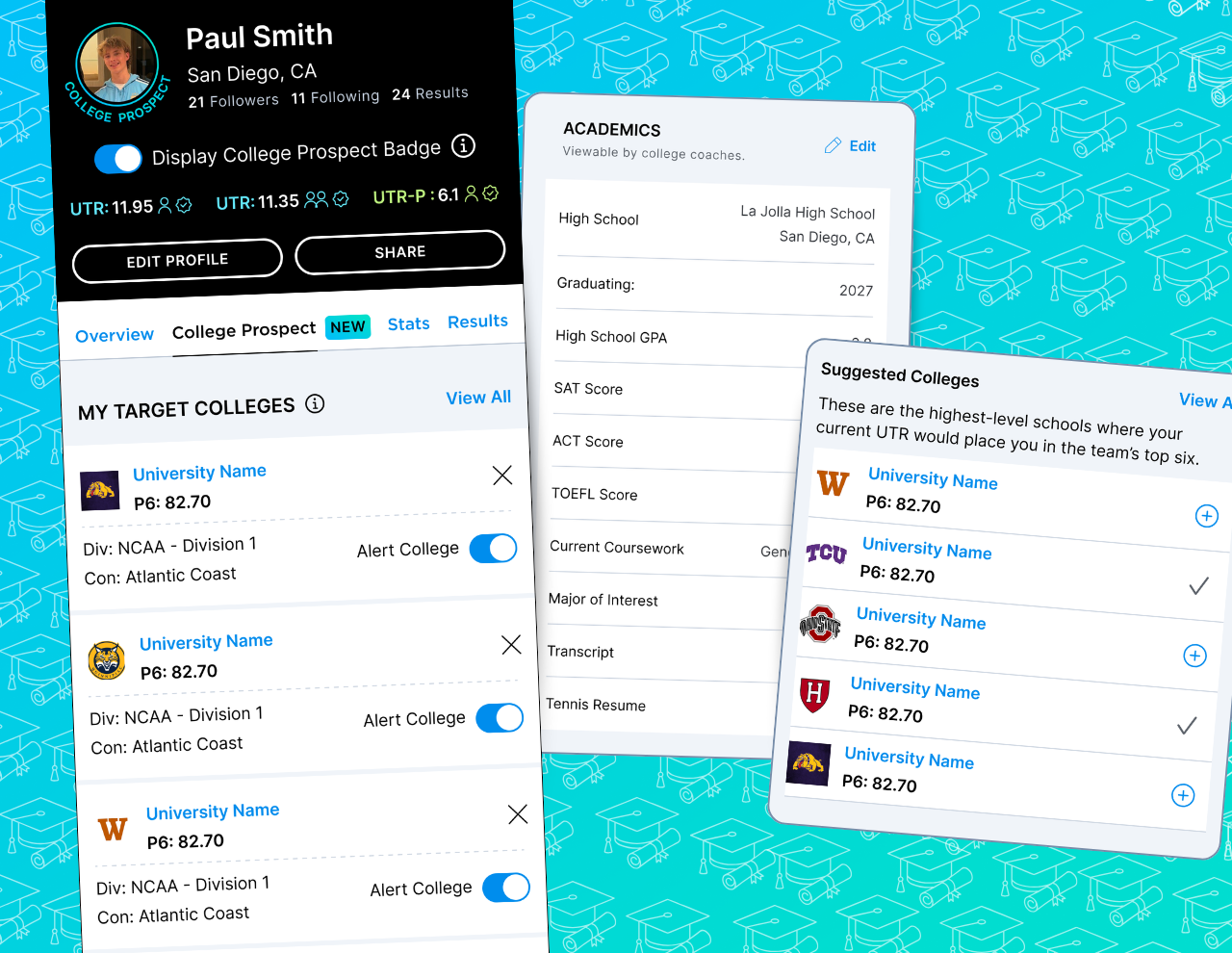 Three overlapping digital UI cards on a bright aqua patterned background, showing a college prospect and target college dashboard interface with text fields, scores, and suggested colleges.