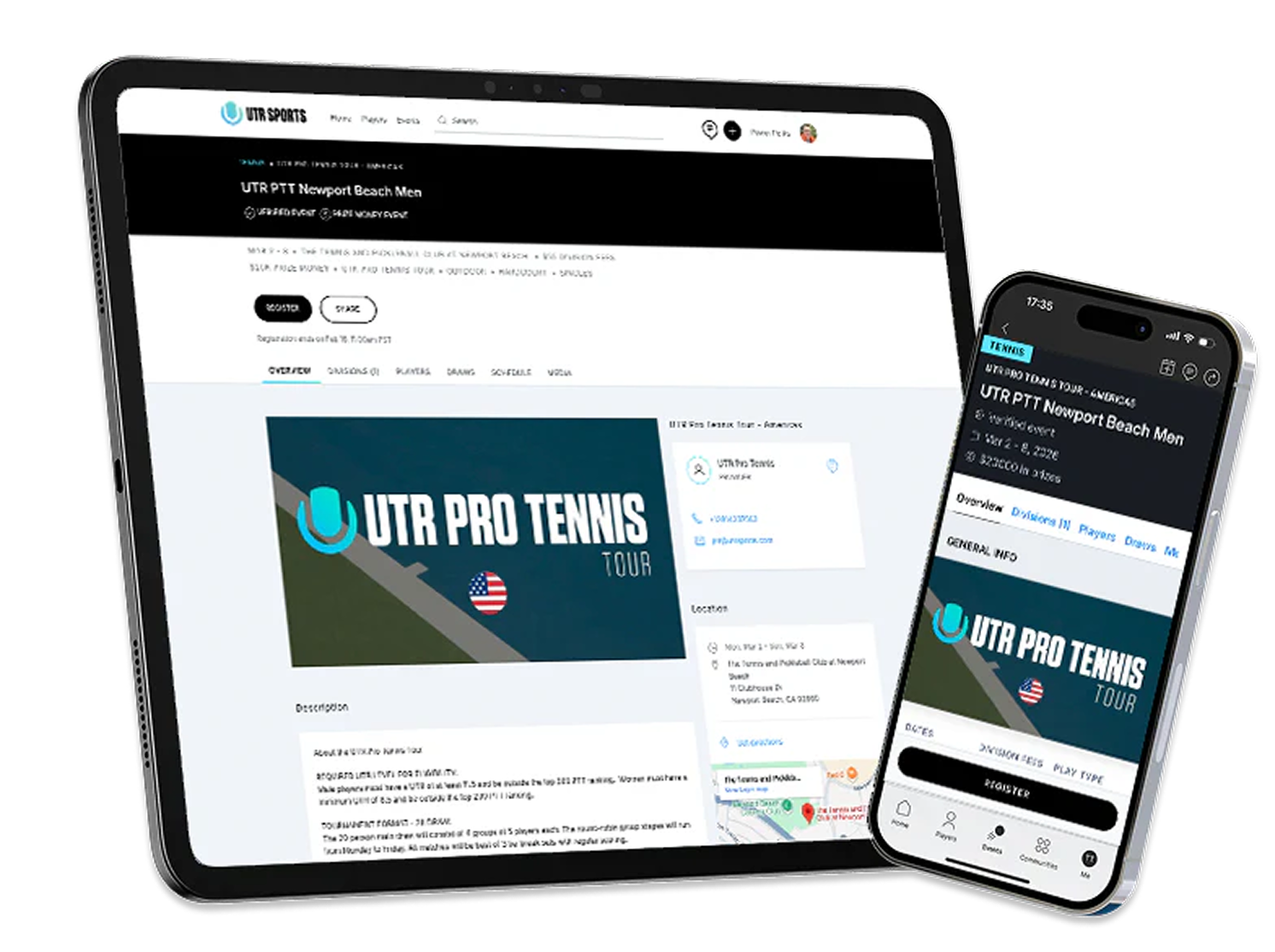 Tablet and smartphone displaying the UTR Pro Tennis Tour website on a white background