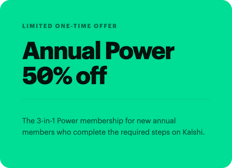 A promotional graphic with a bright green background and rounded corners. Large black text reads 'Annual Power 50% off,' with smaller dark green text above saying 'LIMITED ONE-TIME OFFER' and additional descriptive text below.