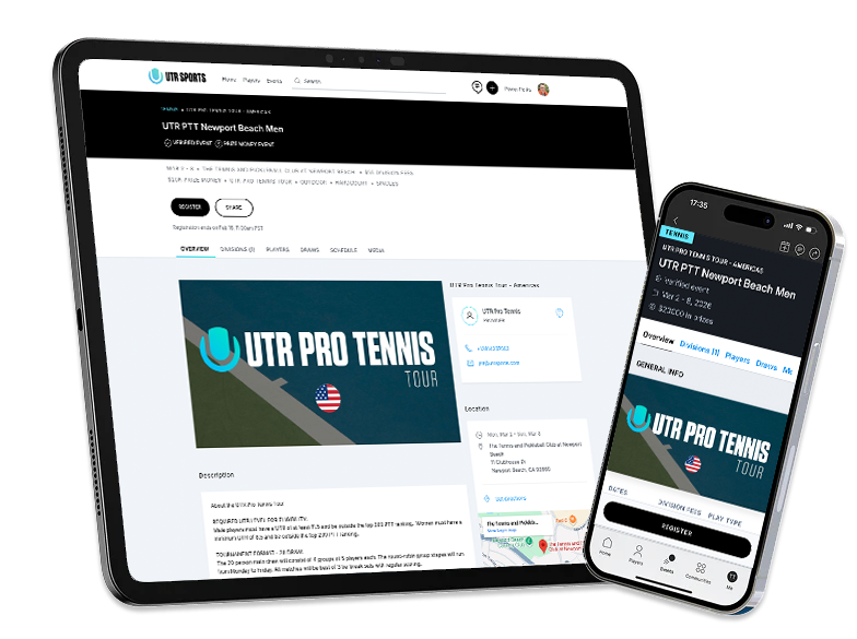 Tablet and smartphone displaying the UTR Pro Tennis Tour website on a white background with UTR Pro Tennis Tour logo and U.S. flag shown prominently