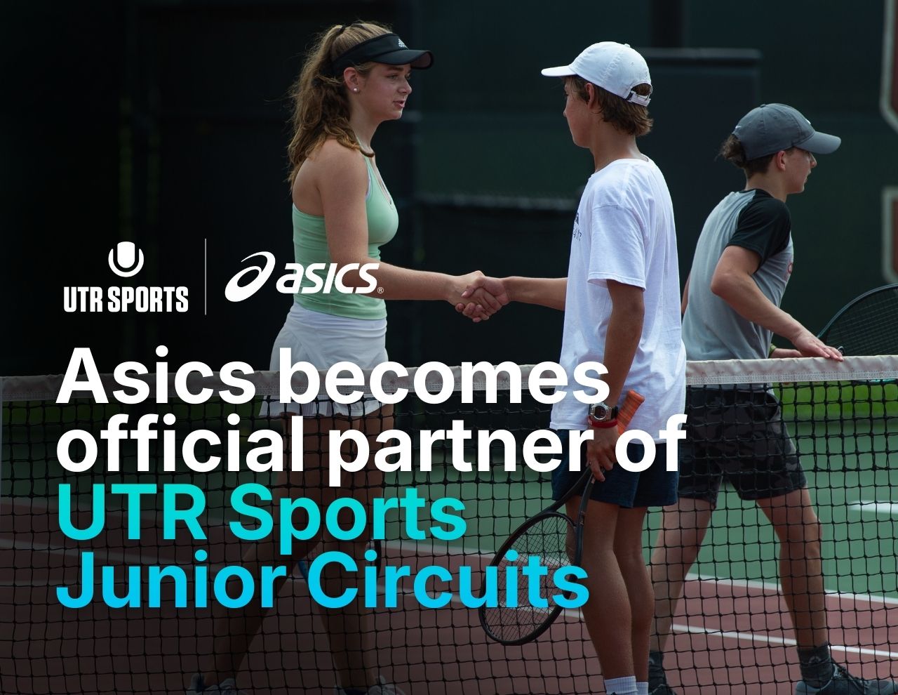 Two tennis players shaking hands on a tennis court with Asics and UTR Sports logos.