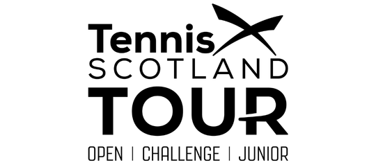 Logo of Tennis Scotland Tour with text 'Open | Challenge | Junior' on a white background