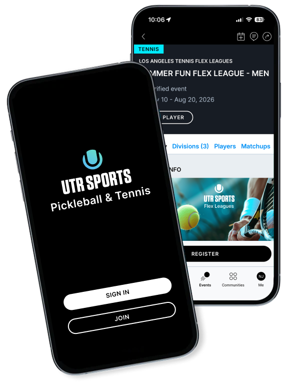 Two smartphones that show UTR Sports flex league tennis event interface and how players can improve UTR Rating with iOS app